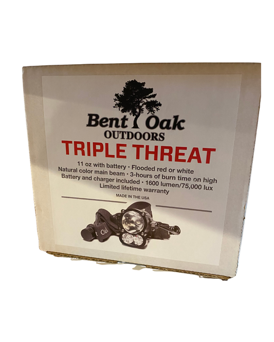 Bent Oak Outdoors Triple Threat 11 oz LED headlight box packaging, featuring a white box with red and black text and an illustration of the headlight.